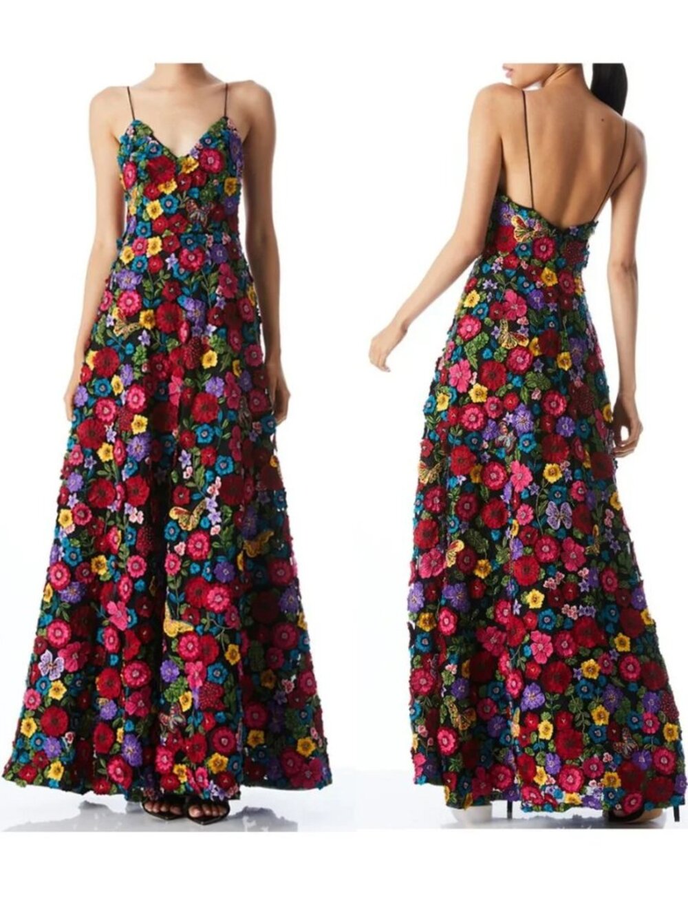 Alice + Olivia Domenica Embellished Gown Maxi Dress Black Floral Embroidered 0